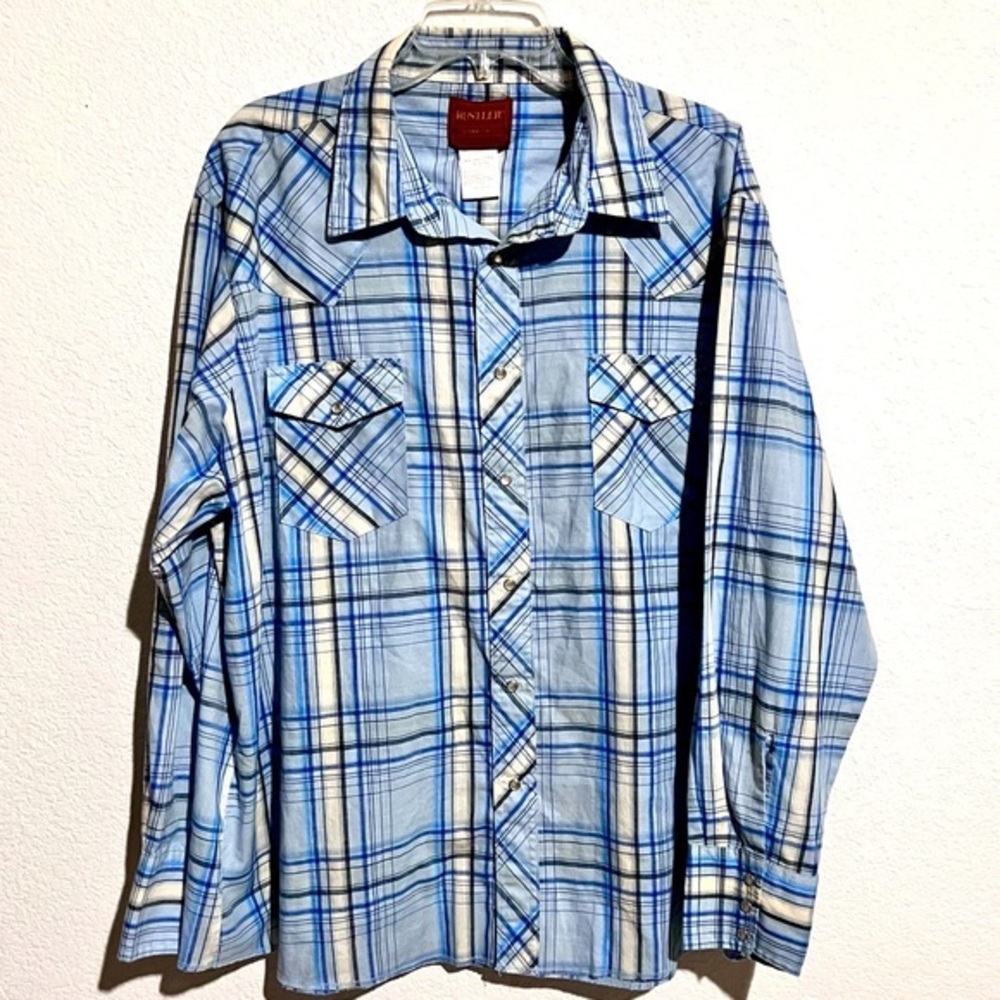 Rustler Blue Plaid Check Western Rodeo Snap Front Long Sleeve Shirt XXL